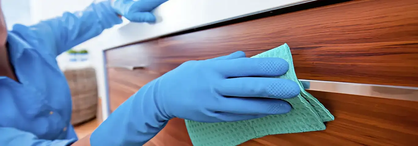 Cleaner wearing blue gloves wiping a wooden cabinet drawer with a microfiber cloth for dust and grime removal, Las Vegas, NV.