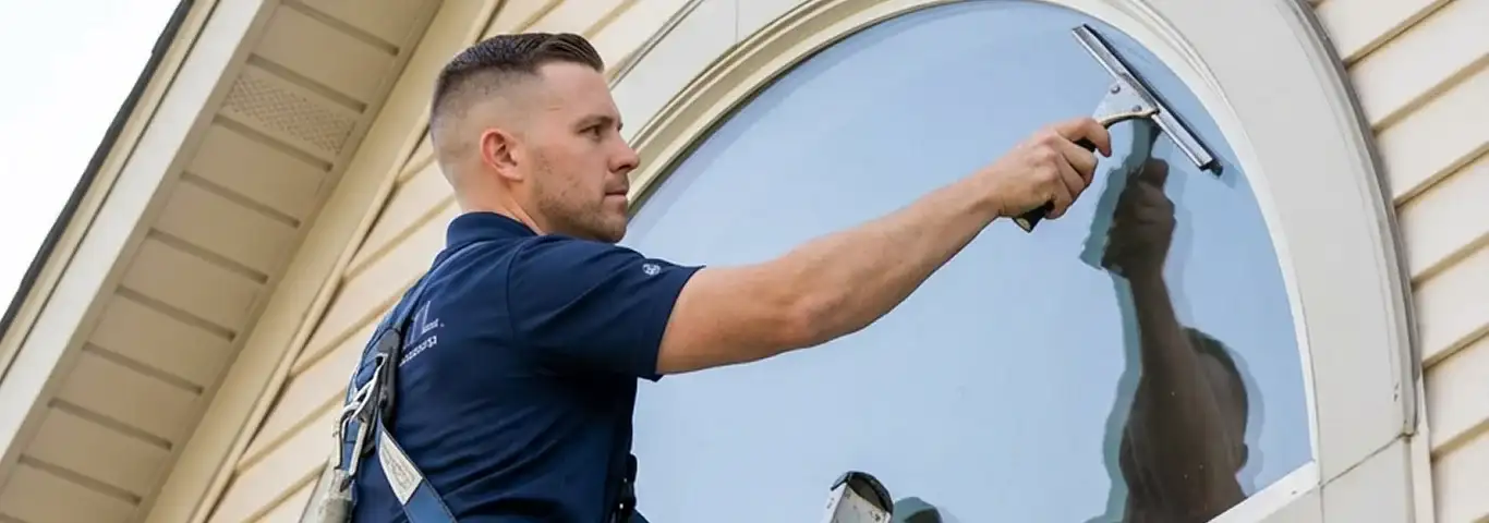 Professional window cleaner using a squeegee to clean an exterior arched window on a home, Las Vegas, NV.
