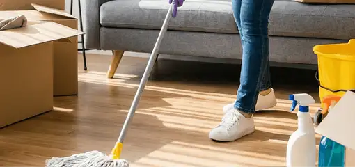 Move-out cleaning setup with a cleaner mopping hardwood floors near moving boxes and cleaning supplies, Las Vegas, NV.