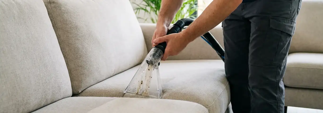 Technician extracting dirt and moisture from a fabric sofa with an upholstery cleaning wand, Las Vegas, NV.