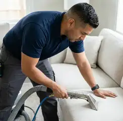 Professional upholstery cleaning technician using an extraction wand to deep-clean a fabric sofa, Las Vegas, NV.