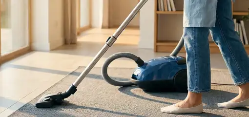 Person vacuuming a living room rug with a canister vacuum cleaner near large windows, Las Vegas, NV.